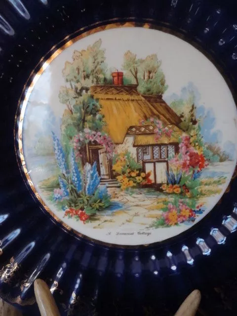 Plate Somerset Cottage Cobalt Royal Victoria Wade England Pottery 10-3/4"w 2