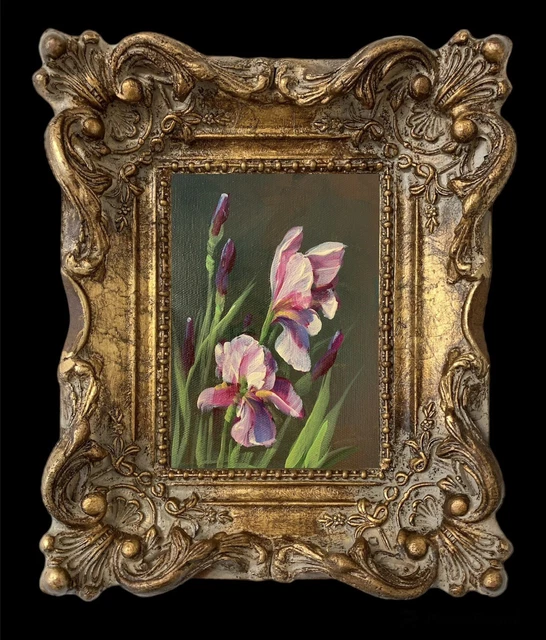ORIGINAL OIL PAINTING On Canvas Iris Flowers Wooden Frame By Kayvon ...