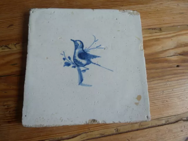 Antique  17/18th C? blue painted Dutch Delft tile - bird