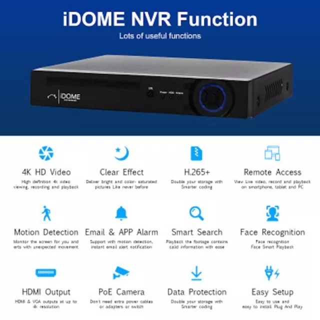 IDOME Home Security 8 Kanal NVR Recorder 8mp 4k CCTV IP POE KAMERA WIFI UK 3