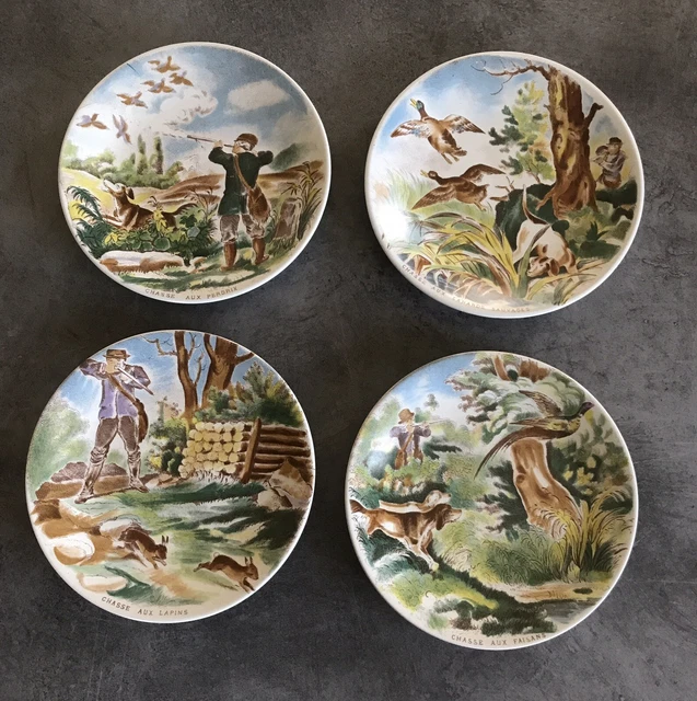 LOT De 4 ASSIETTES à DESSERT Faïence SARREGUEMINES Décor polychrome Scène CHASSE