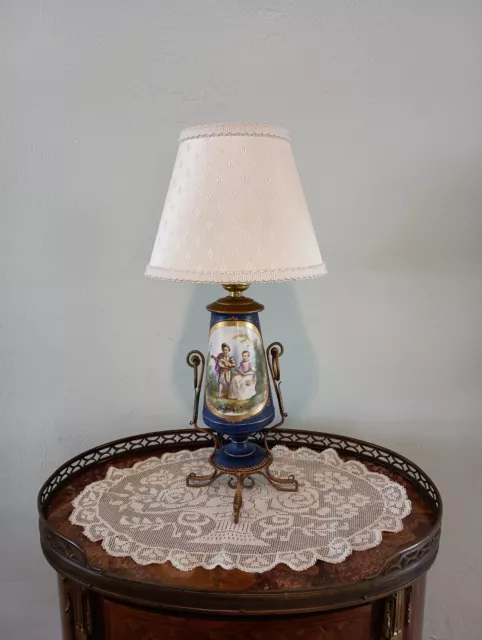 Antique French 19th c Sevres Style Porcelain & Ormolu Romantic Boudoir Lamp