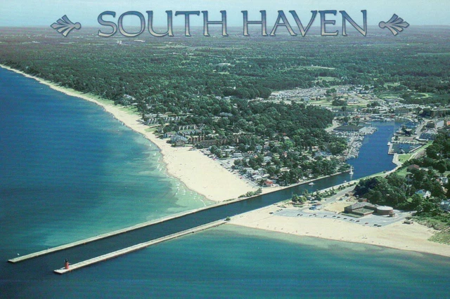 Aerial View of South Haven Michigan, Lake, Beach, Waterway, Harbor etc. Postcard