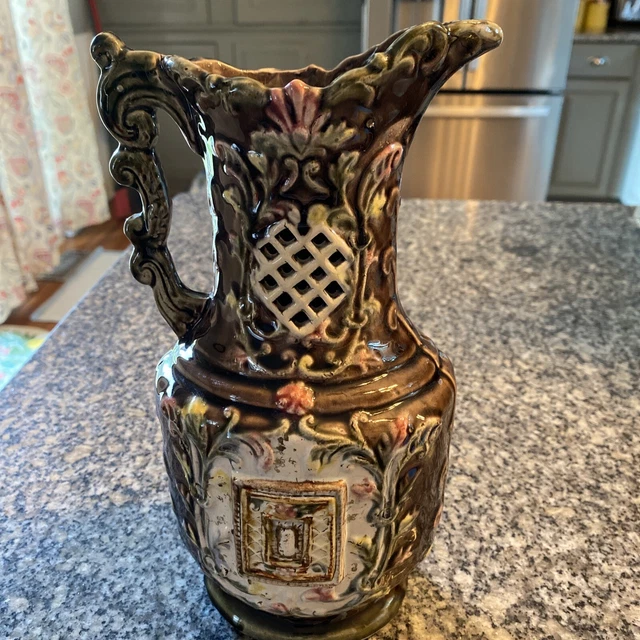 antique majolica pitcher- 10”- green w pink & yellow flowers