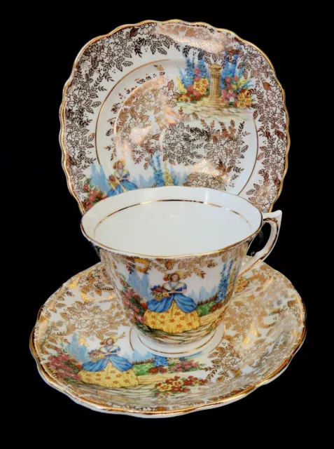 Vintage Colclough English Bone China Gold Chintz Crinoline Lady Trio 3