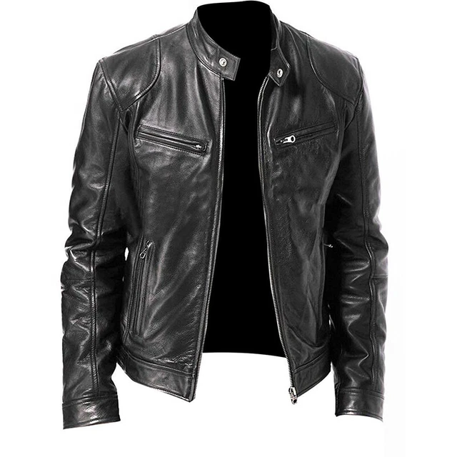Mens Retro Leather Jacket Motorcycle Stand Collar Biker Coat Zip Up Outwear Top