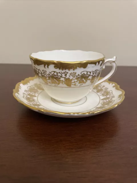 Coalport Hazelton Tea Cup & Saucer White Gold Grape Design Gold Gilt