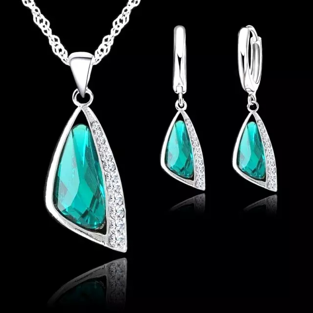 925 Sterling Silver Green Cubic Zirconia Crystal Necklace Pendant Earring Set UK