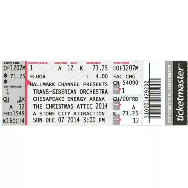 TRANS SIBERIAN ORCHESTRA Concert Ticket Stub OKLAHOMA CITY 12/7/14 CHESAPEAKE