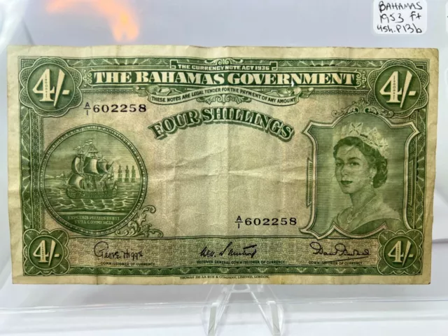 Banknote Bahamas 4 Shillings 1953 P13b F+