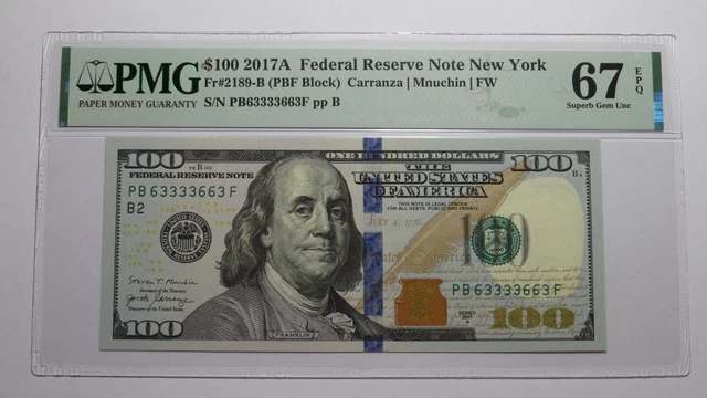 $100 2017 Fancy Serial Number Federal Reserve Currency Bank Note UNC67EPQ 633336