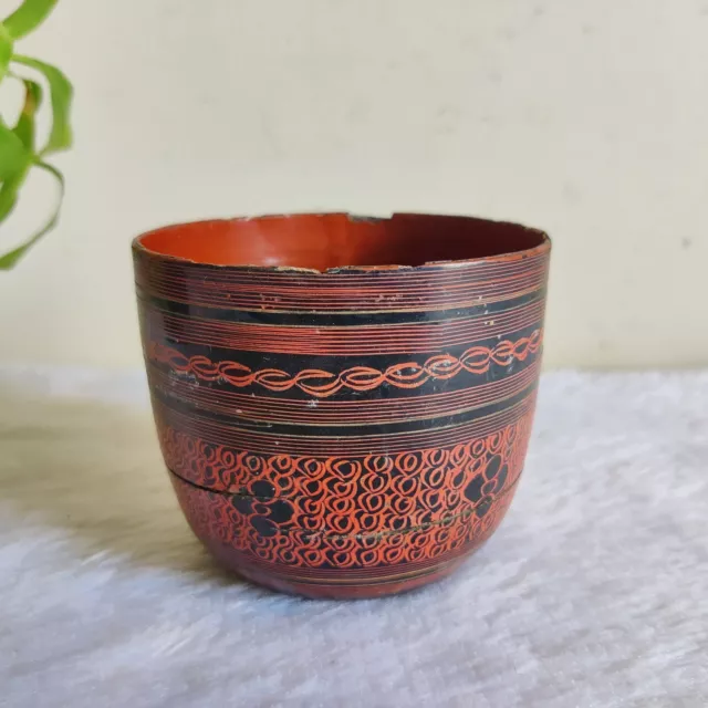 1910Vintage Colorful Lacquered Hand Painted Straw Woven Burmese Wooden Bowl W635 3