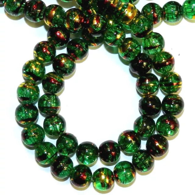 G1487 Green 8mm Round Crackle Metallic Swirl Drawbench Glass Beads 32"