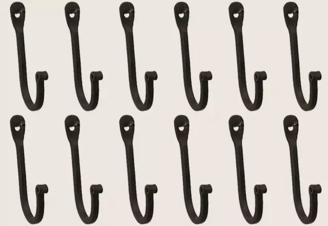 Vintage Hand Forged Iron Classic Early American Plain Hook Black Set of 12 (Set