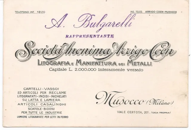 Musocco - Milano - biglietto da visita Bulgarelli rappr. Società Coen litografia