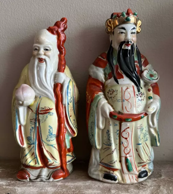 Pair Of 8" Chinese Porcelain Hand Painted Immortal Figures Republic Period 1940