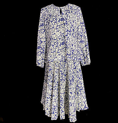 VTG Dress Sherri Lynn 16 White Navy Blue Gray Swirl Full Pleat Skirt Midi Large