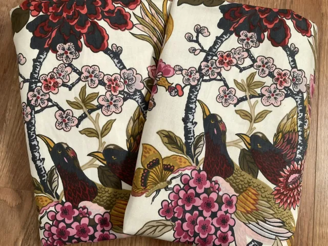 Vintage Pr. Pinch Pleat Curtains Drapes Jacobean Floral Aviary Birds Butterflies