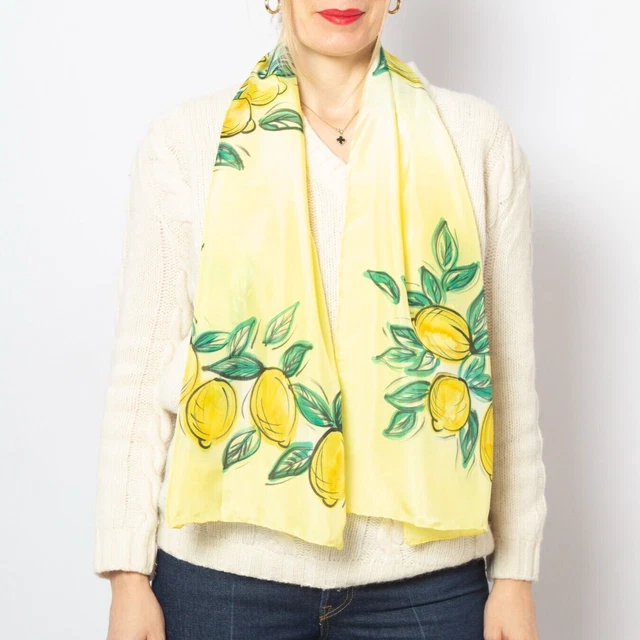 Lemon Hand Painted Pure Silk Scarf Yellow Mother Day Gift Fruit Print Scarf