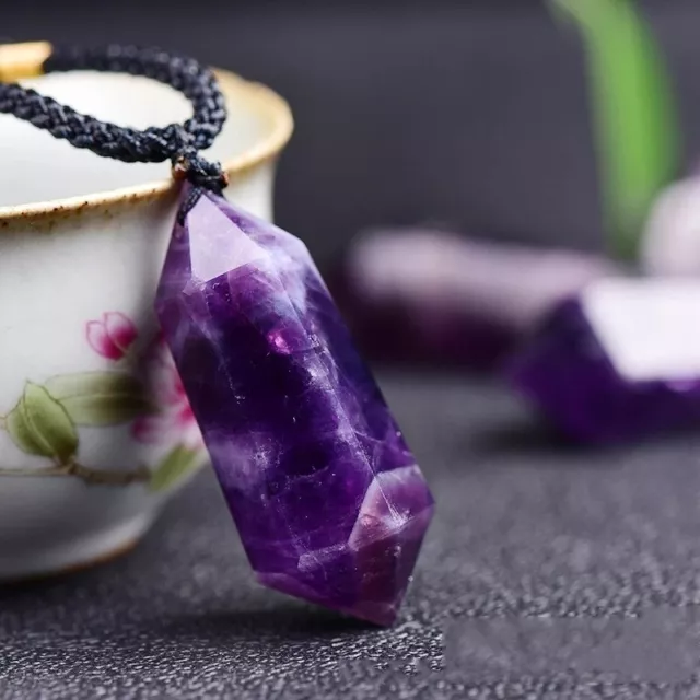 Amethyst Crystal Hexagonal Point Pendant Healing Chakra Women Men Necklace Gifts