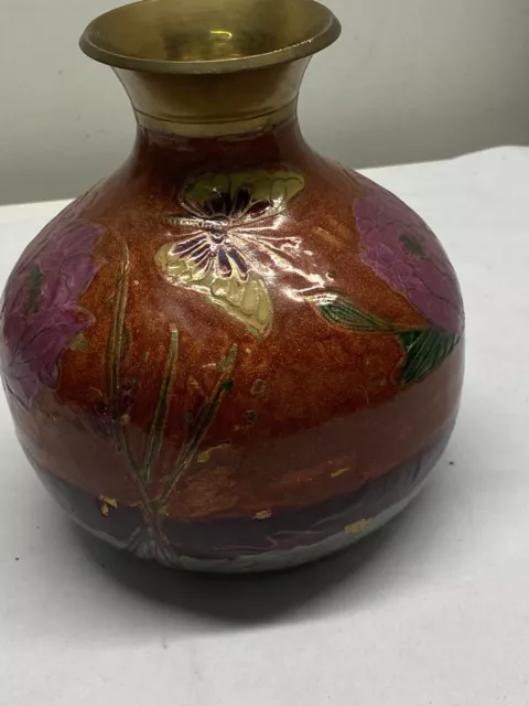 Messing Vase  Handarbeit Massiv Motiv Blume + Schmetterling,Emaillearbeit