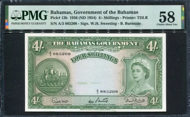 Bahamas 1953 4 Shillings,P13b,PMG 58 AUNC
