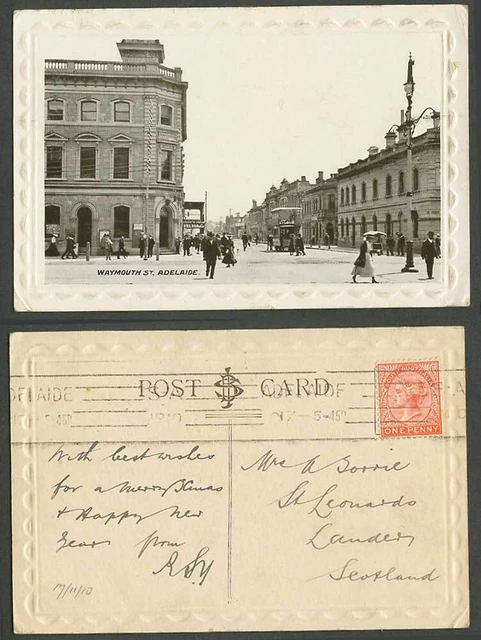 S. Australia QV 1d 1910 Old Postcard Adelaide Waymouth Street Scene TRAM Tramway
