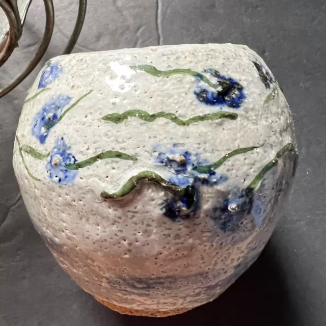 MCM CJW Signed Studio Art Clay Blue Flower Vessel Vase Rough Texture Stoneware