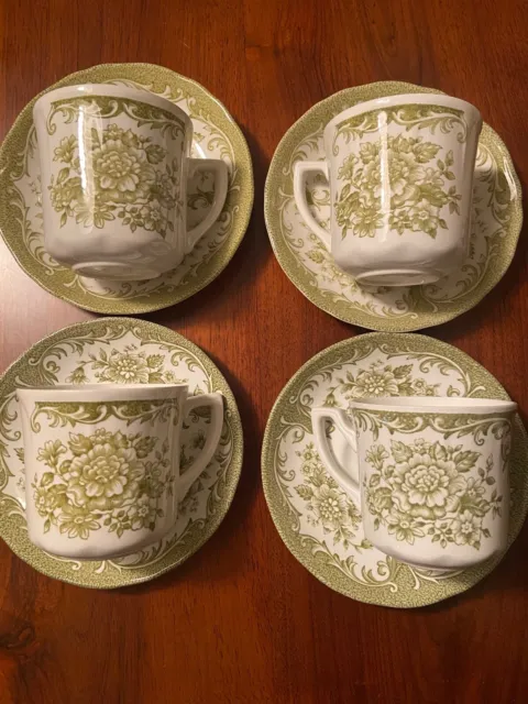 Set of 4 Avondale Green Royal Staffordshire Ironstone Teacups Saucers J&G Meakin