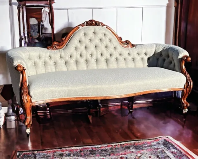 Victorian Mahogany Sofa, Carved Mahogany Frame, Cabriole Legs, Brass Castors