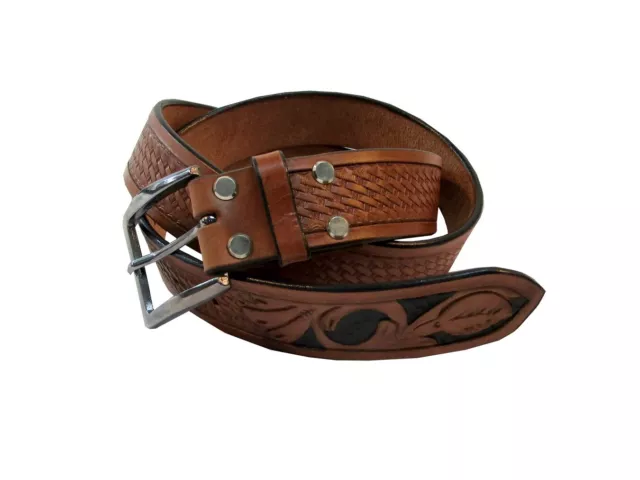 Western Cowboy Mens Belt Floral Tooled Basket Weave Brown Leather Belts 32 - 46