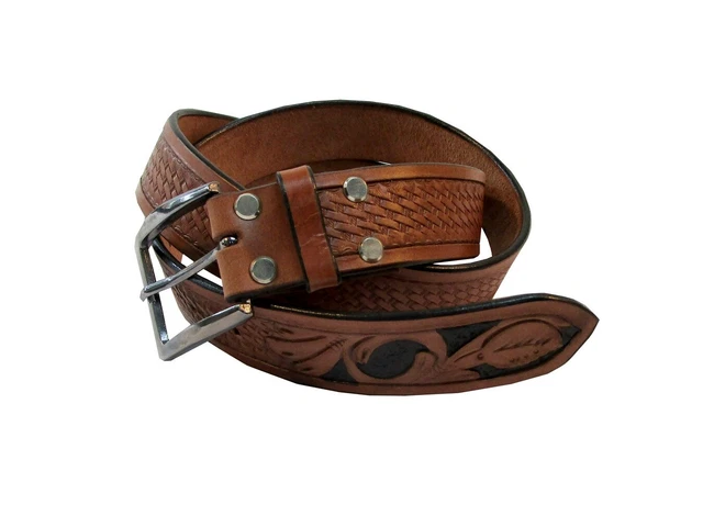 Western Cowboy Mens Belt Floral Tooled Basket Weave Brown Leather Belts 32 - 46