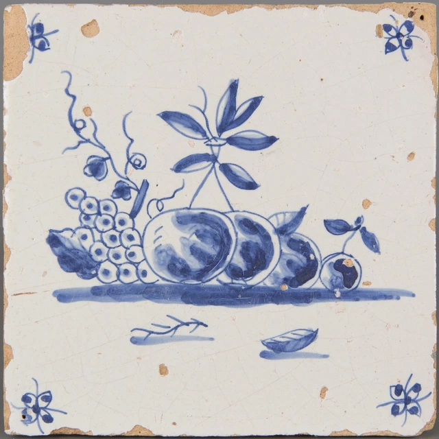 Nice Dutch Delft Blue tile, fruit, late 17th century.