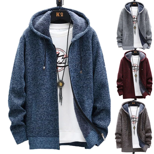 Men Drawstring Thick Warm Fleece Lined Hoodie Zip Coat Jacket Sweatshirt Tops #H