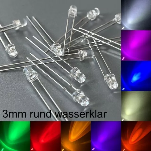 3mm LEDs rund wasserklar alle Farben inkl. Widerstände Leuchtdioden LED 3 mm