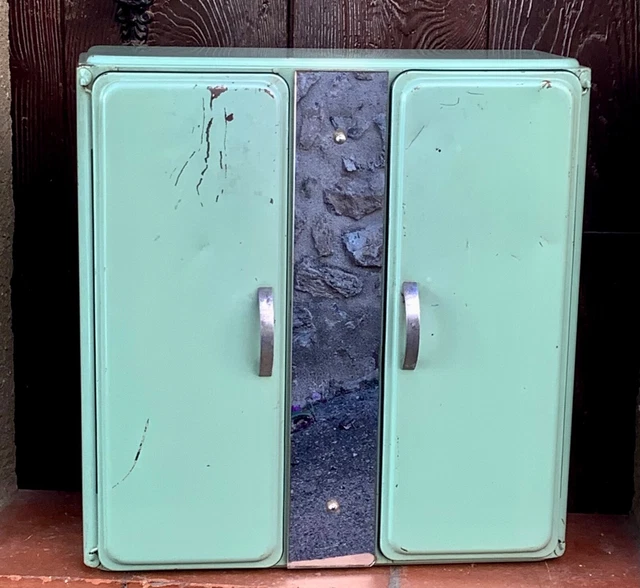 Ancienne ARMOIRE de TOILETTE PHARMACIE 2 Portes & Miroir 1930-1950 en TÔLE Verte
