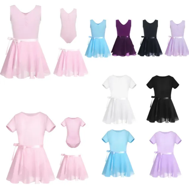 Kids Girls Ballet Dance Leotard Dress with Chiffon Tutu Skirt Ballerina Jumpsuit