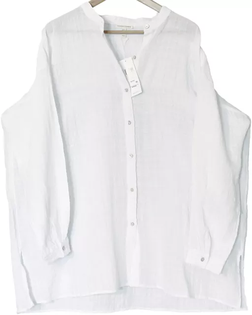 EILEEN FISHER NWT White Linen Cotton Sheer Check Mandarin Collar Shirt ...