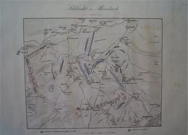 Schlacht bei Rossbach. Teilkolorierte Kupferstichkarte 1840. Schlesischer Krieg.