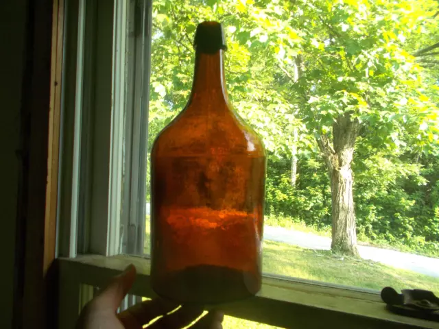 1860s PRETTY AMBER NEW ENGLAND 3 PC MOLD BLOWN DEMIJOHN BOTTLE 11 1/2"TALL AS IS
