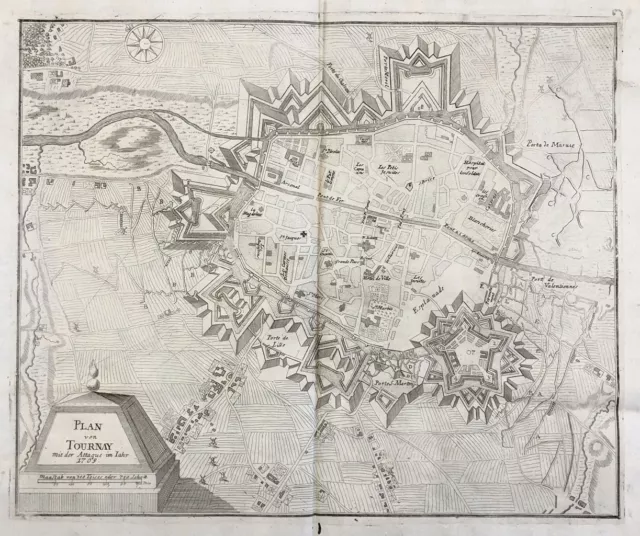 Tournai Belgique Belgium attaque gravure plan Kupferstich engraving Merian 1709