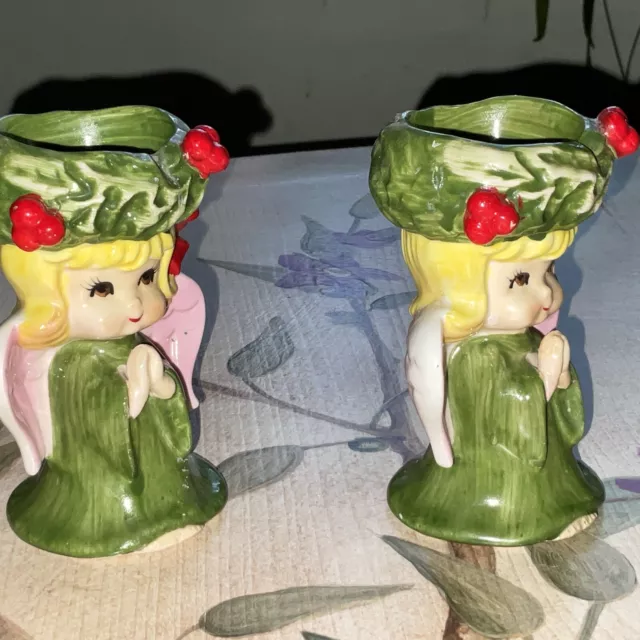 Two Vintage Lefton Japan Christmas Angel Girl Votive Candle Holder 4.25" Green