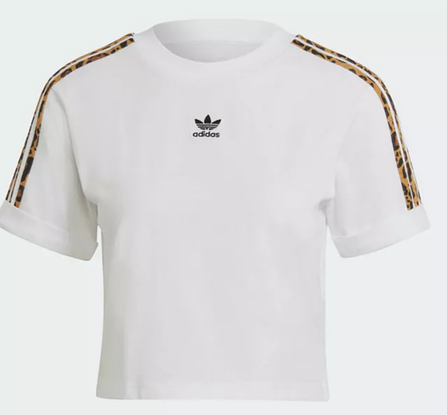 T-Shirt Adidas Originals Stampa Leopardata Bianca Tagliata 3 Righe Uk 16,18 Nuova 5