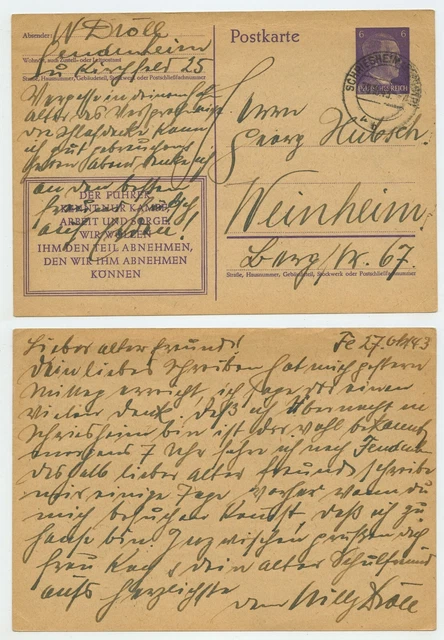 106776 - Ganzsache P 312 /08 - Postkarte - Schriesheim 28.10.1943 nach Weinheim