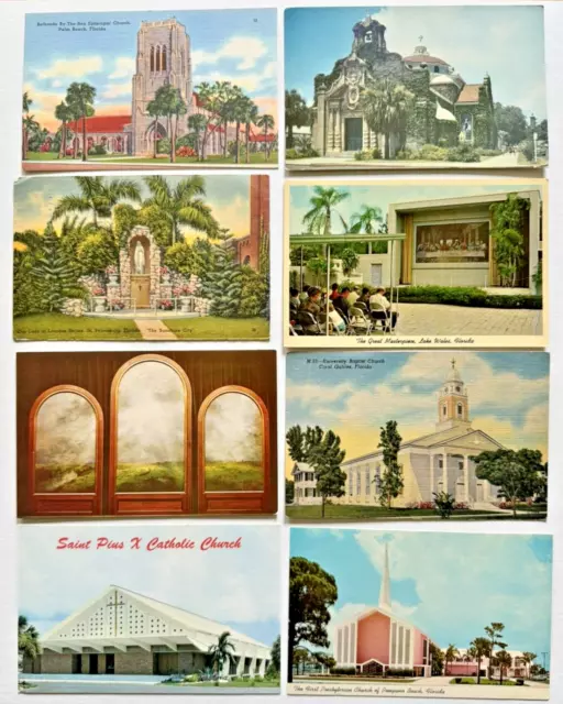 Lot of 8 Vintage Florida Postcards Churches Cathedrals 1930-1970s most unposted