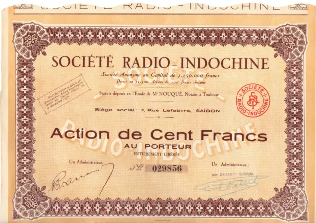 Action Société RADIO-INDOCHINE, 1928, avec coupons