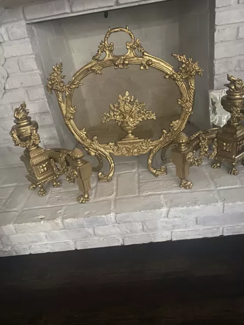 Rococo Brass Fireplace Screen w Pair Andirons