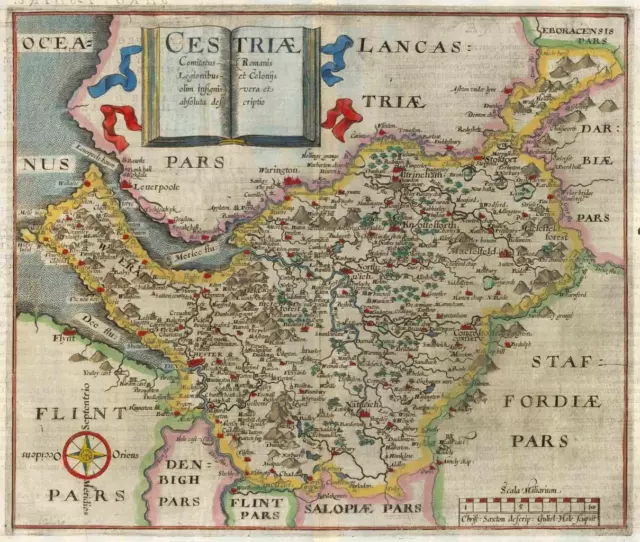 1607 - RARE 1st Edition Original Antique Map CHESHIRE by Saxton Kip/Hole