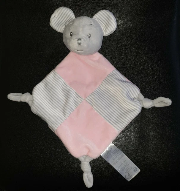 TBE  Doudou Plat Souris Rose Rayé Gris Blanc Tom Et & Kiddy Bisous D'ange GRELOT