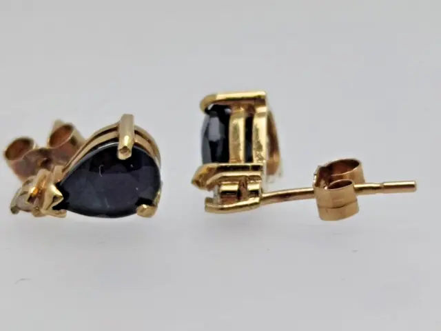9ct Gold Stud Earrings Black Sapphire Natural Gemstones - 9ct Yellow Gold